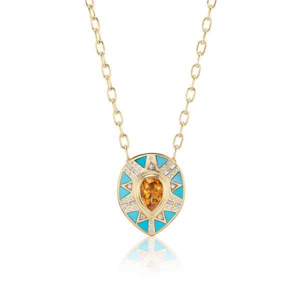 Turquoise Citrine and Diamond Koine Pendant in 18K Yellow Gold