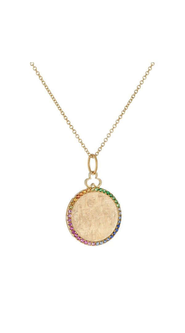 Small Hidden Circle Charm Necklace in Acid Rainbow in 14K Yellow Gold and Florentine Finish