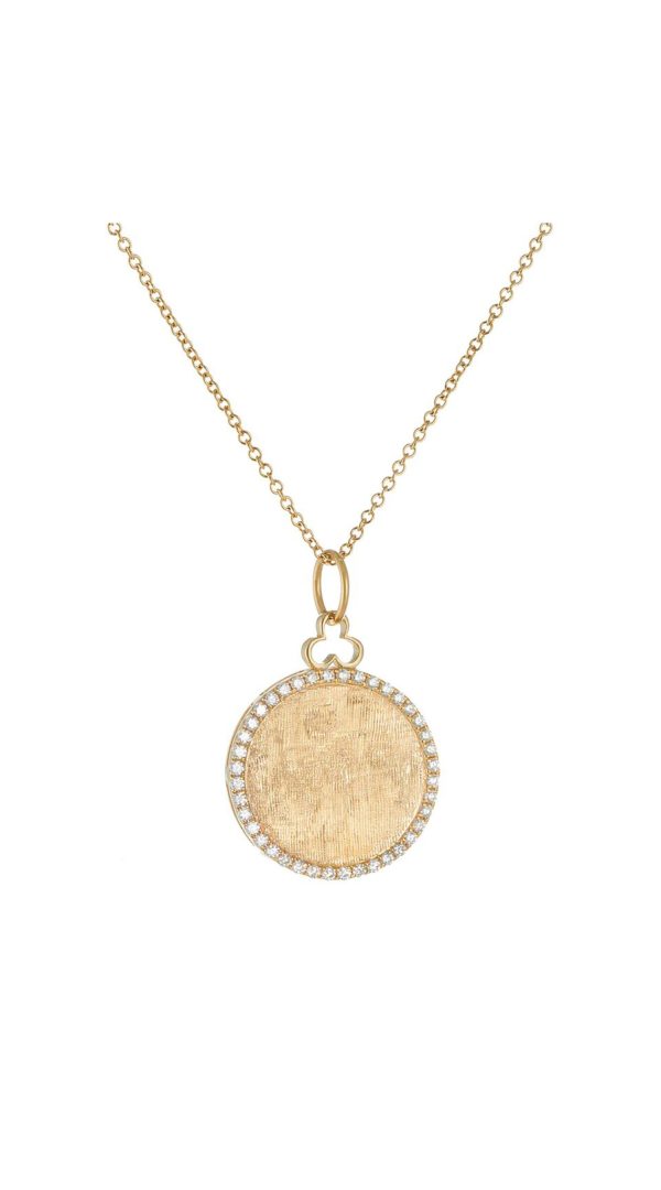 Small Hidden Circle Charm Necklace in 18K Yellow Gold and Florentine Finish