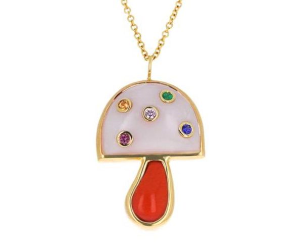 Mini Mushroom Pendant in Pink Opal and Coral with Multi Sapphires