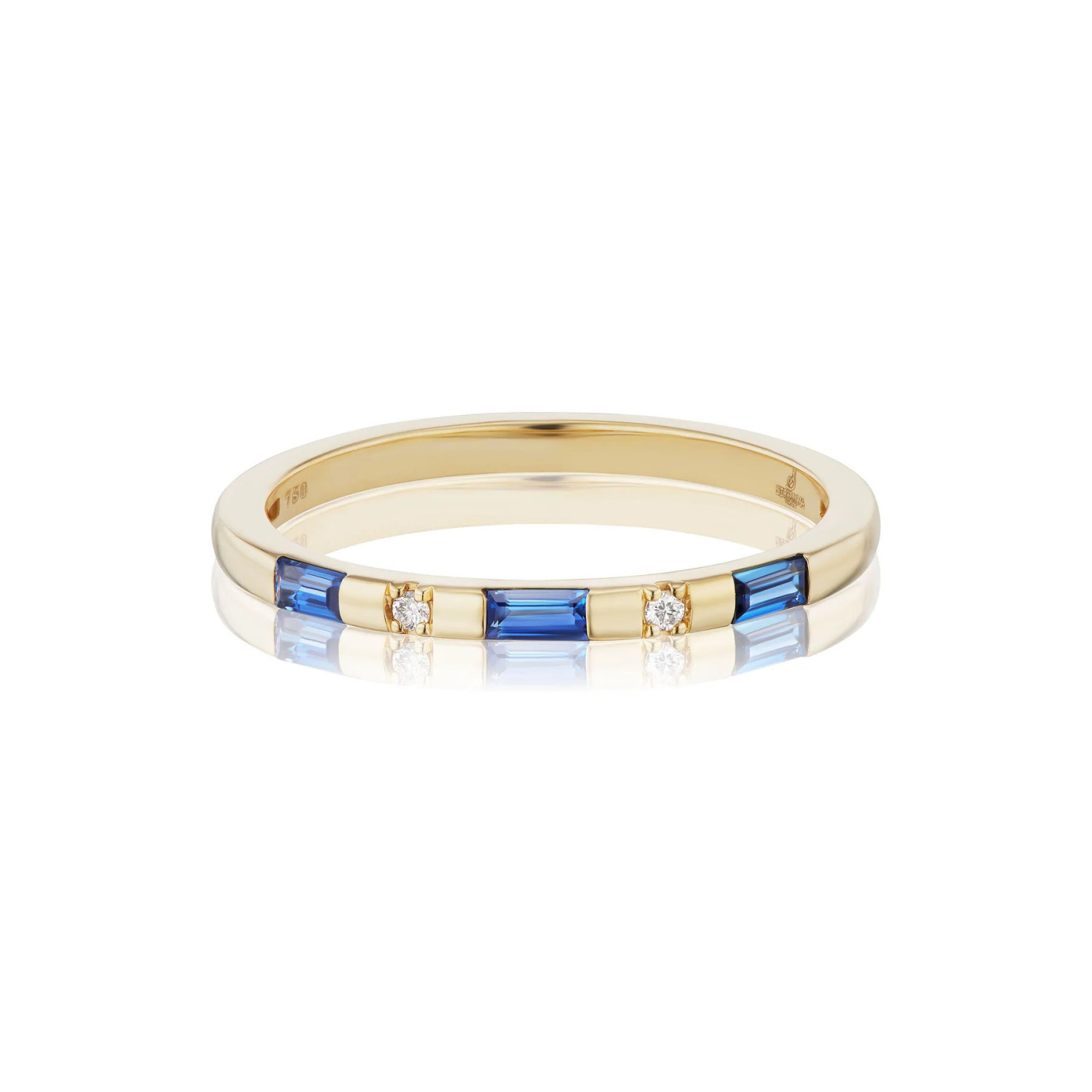 Blue Sapphire and Diamond Singe Row Tarot Baguette Band in 18K Yellow Gold
