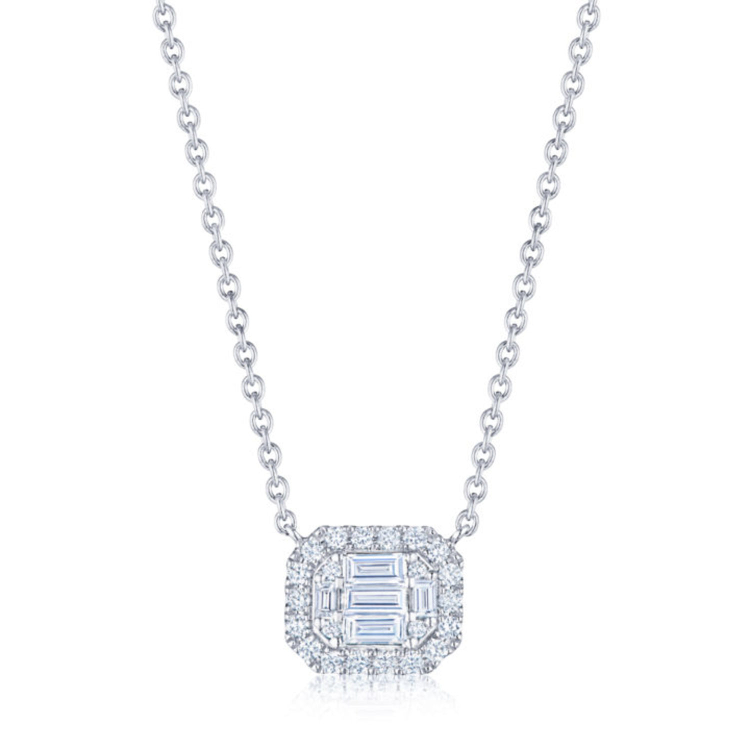 Sunburst East-West Emerald Cut Diamond Pendant with Halo in 18K White Gold