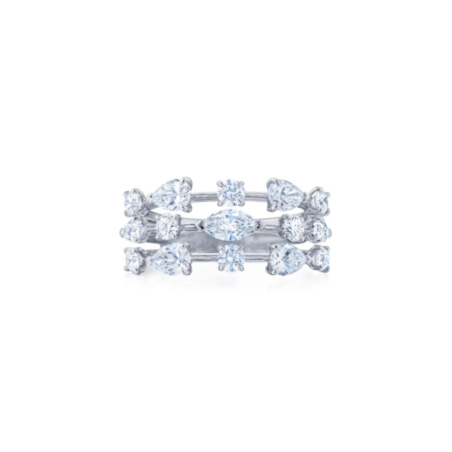 Round and Marquise Diamond Starry Night 3-Row Ring in 18K White Gold