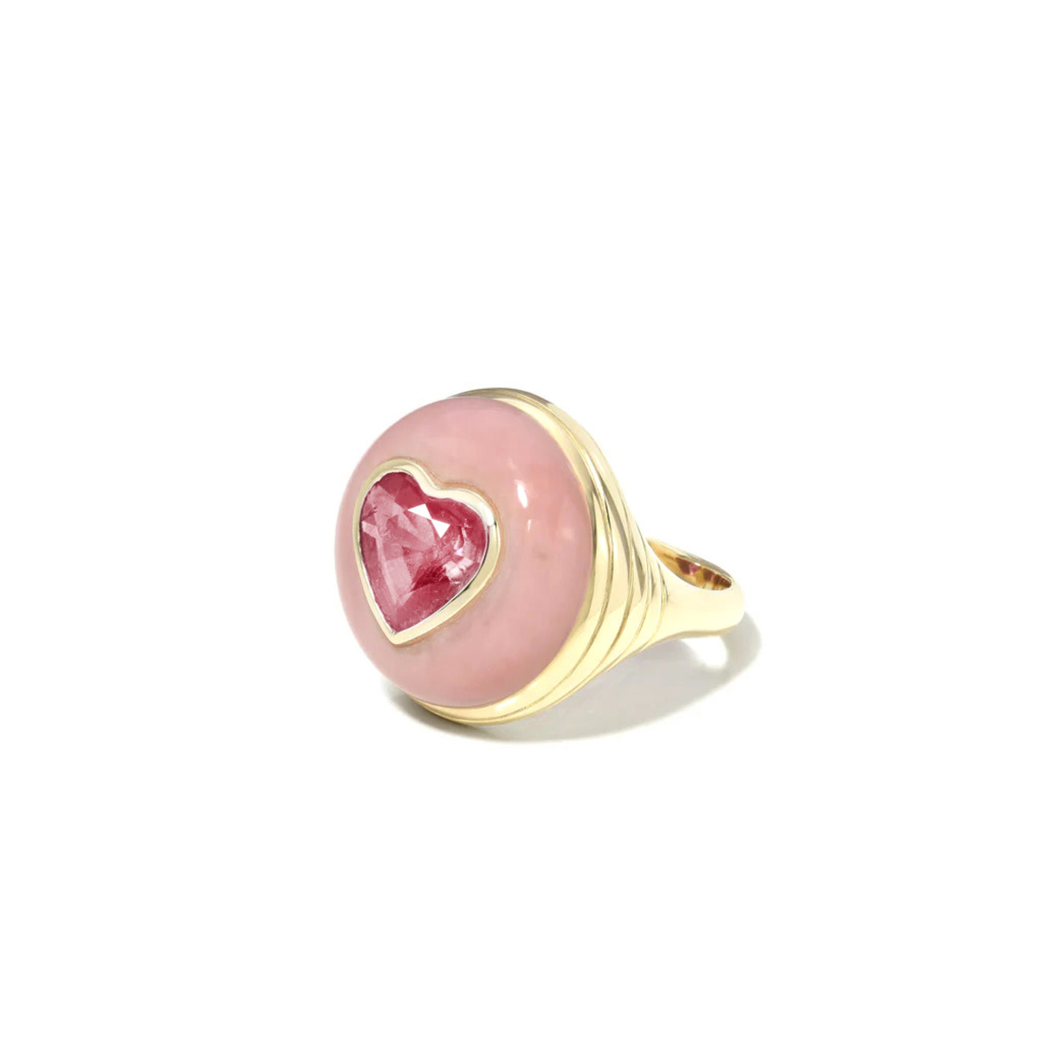 Classic Pink Opal Lollipop Ring with a Morganite Heart in 14K Yellow Gold