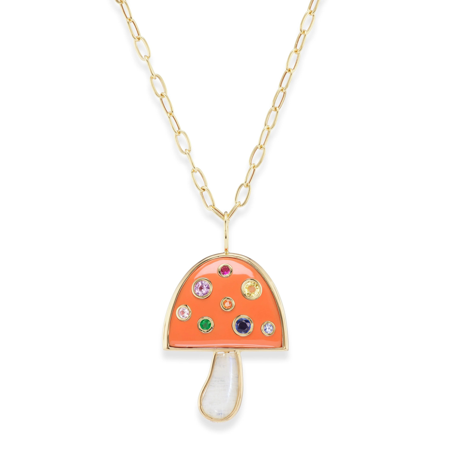 Large Mushroom Pendant in Coral and Moonstone with Multi Colored Sapphires
