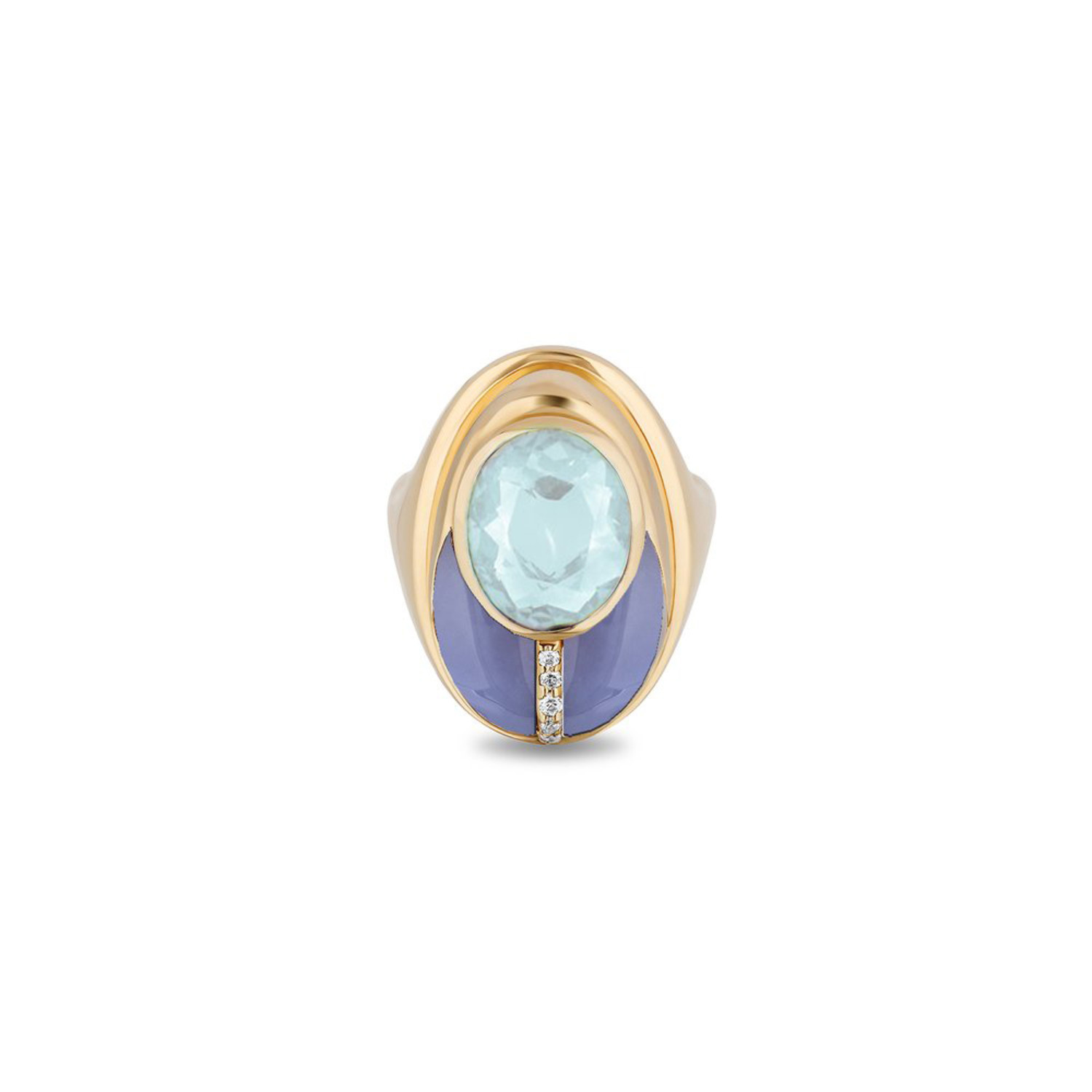 Aqua Topaz and Blue Chalcedony Love Bug Ring with Diamonds in 14K Yellow Gold