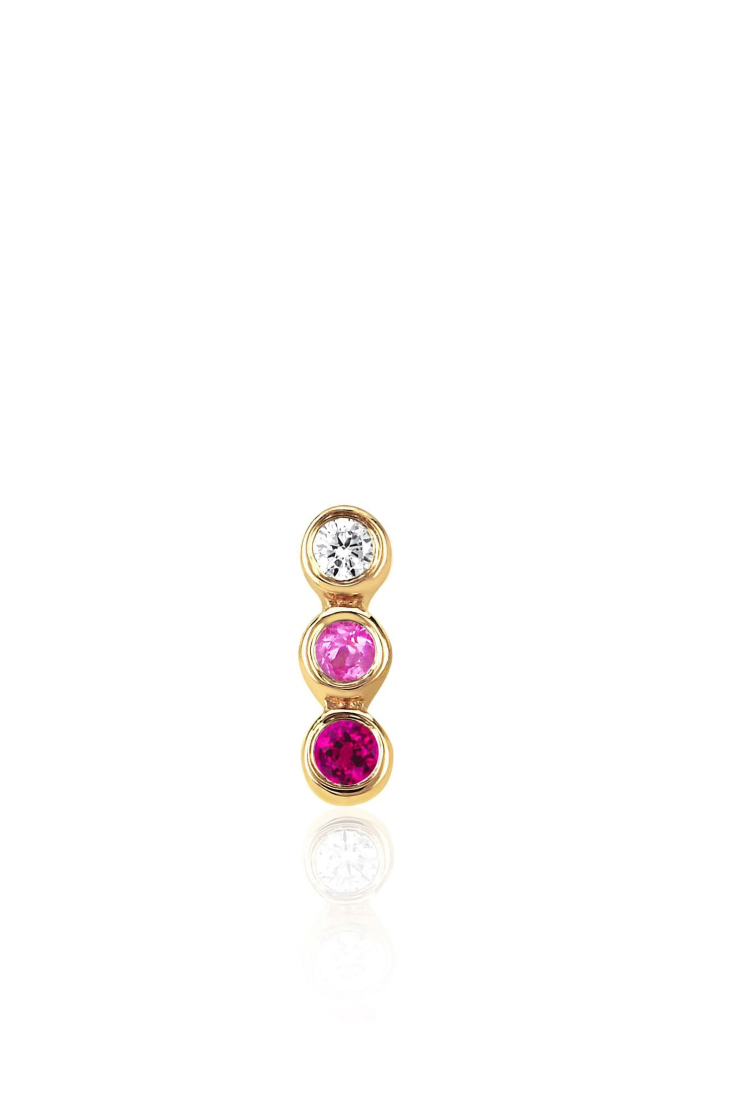 (Single) Diamond Pink Sapphire Ruby Vertical Fade Triple Bezel Stud in Yellow Gold