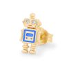 (Single) Tiny Robot Stud in 14K Yellow Gold and Neon Blue Enamel
