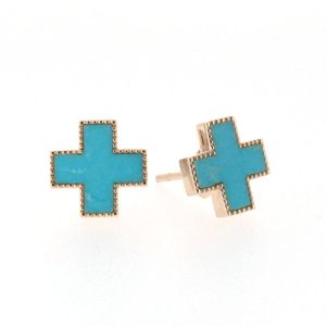Turquoise Inlay Heirloom Studs 14K Yellow Gold