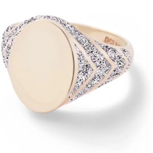 Silver Glitter Enamel Stripe Signet Ring in 14K Yellow Gold