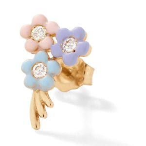 (Single) Pastel Bouquet of Flowers Stud in 14K Yellow Gold