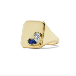 Sweetheart Signet Ring with Diamond and Blue Sapphire in 18K Yellow Gold 7.25