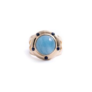 Milky Aquamarine Saucer Ring with Sapphires 14K Yellow Gold Size 7