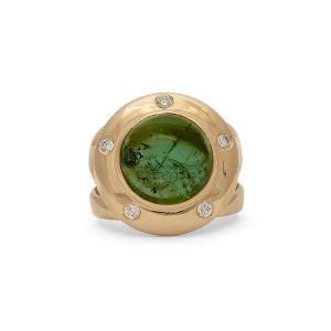 Green Tourmaline Saucer Ring with Diamonds - Size 6