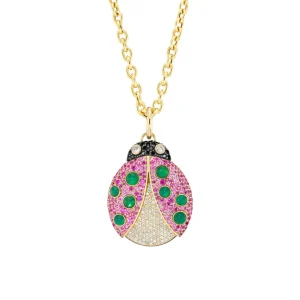 Lady Bug Pendant 18KYG Pink Sapphire/Diamond/Green Onyx - 18"