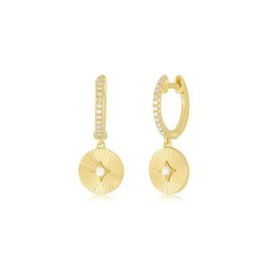 Diamond Fluted Disc Drop Huggie Earrings in 14K Yellow Gold