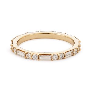 Alternating Baguette and Two Round Diamond Shared Prong Eternity Band