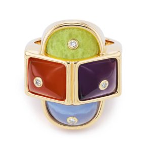 Hopscotch Cocktail Ring in Brazilian Opal, Carnelian, Amethyst, Blue Chalcedony and Dimond Rounds in Size 7