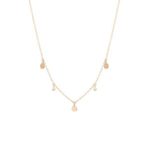 3 Itty Bitty Round Disc Charm Necklace with Dangling Diamonds in 14K Yellow Gold