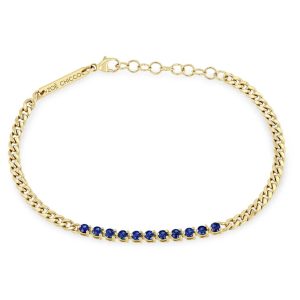 Blue Sapphire Tennis Station Curb Chain Bracelet in 14K Yellow Gold