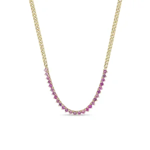 Pink Sapphire Tennis Station Small Curb Chain Necklace in 14K Yellow Gold