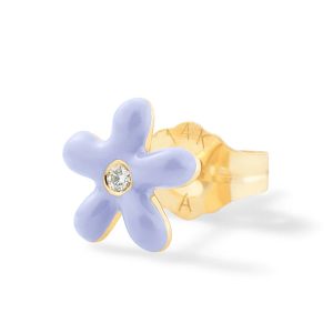 (Single) Tiny Wildflower Stud in 14K Yellow Gold, White Diamond, and Violet Enamel
