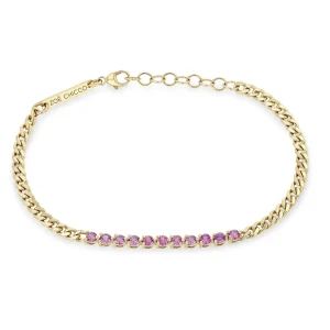 Small Curb Chain Bracelet with Pink Sapphire Station in 14K Yellow Gold