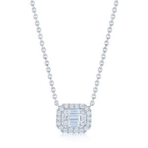 Sunburst East-West Emerald Cut Diamond Pendant with Halo in 18K White Gold