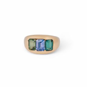 OOAK Three Emerald-Cut Blue Sapphire and Tourmaline Ring in 18K Yellow - Size 7