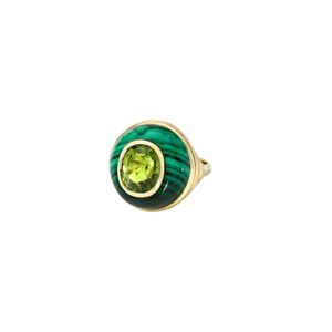 One-Of-A-Kind Petite Lollipop Ring with 4.14ct Green Tourmaline and Malachite in 14K Yellow Gold
