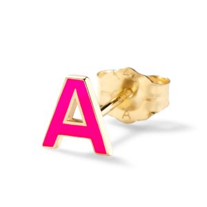 (Single) Enamel "M" Letter Stud in 14K Yellow Gold and Neon Pink Enamel