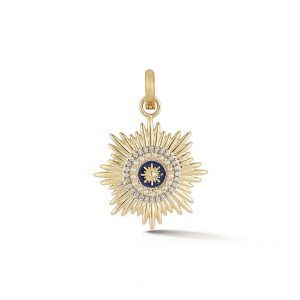 14K Gold Diamond Pearl Blue Enamel Mini Vale Medallion