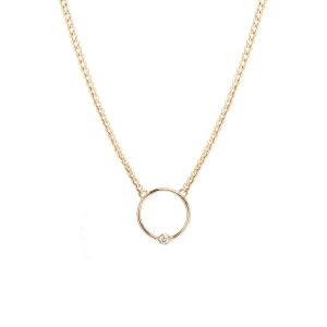 14K Extra Small Curb Chain Diamond Bezel Circle Necklace 18"