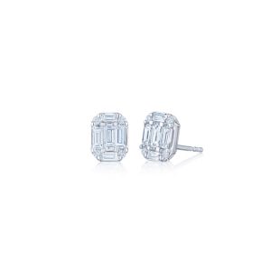 Sunburst Stud Earrings with Emerald Cut Diamonds in 18K White Gold