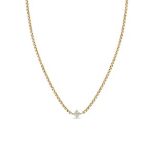 Small Box Chain Necklace with Quad Prong Set Diamonds in 14K Yellow Gold