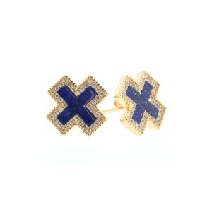 Pave Lapis Inlay Heirloom Studs in 14K Yellow Gold