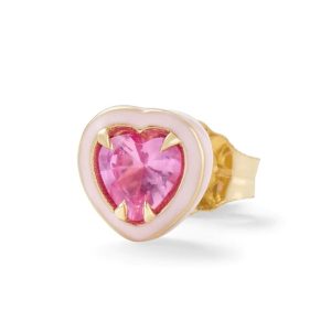 (Single) Mini Pink Sapphire Heart Cocktail Stud in 14K Yellow Gold