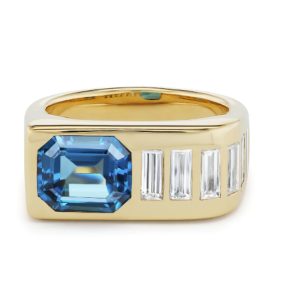 Semi-Precious Emerald-Cut Blue Topaz Gypsy Ring with Cascading Diamond Baguettes- size 6