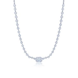 Sunburst Demi-Riviera with Emerald Cut Diamond Center 18K White Gold