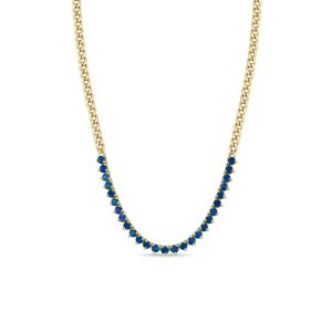 Blue Sapphire Tennis Station Small Curb Chain Necklace in 14K Yellow Gold