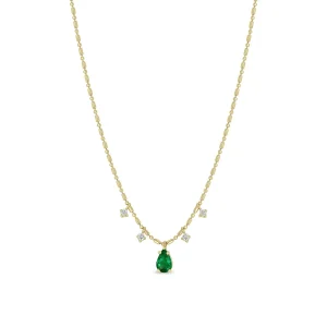 4 Dangling Prong Set Diamond and Pear Cut Emerald on Tube and Bead Chain in 14K Yellow