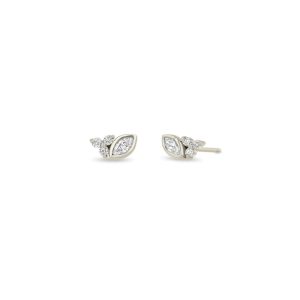 Marquise and Trio Diamond Stud Earrings in 14K White Gold