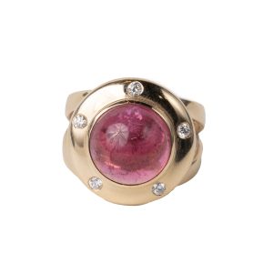 Pink Tourmaline Saucer Ring with Diamonds 14K Yellow Gold - Size 7