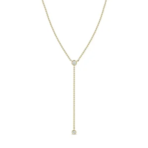 Short Lariat Necklace with Diamond Drop on Box Chain in 14K Yellow