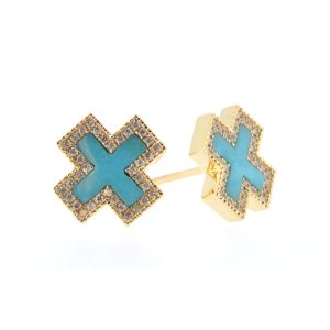 Pave Turquoise Inlay Heirloom Studs 14K Yellow Gold