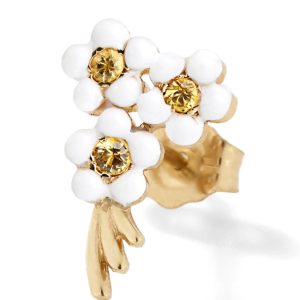 (Single) White Bouquet of Flowers Stud in 14K Yellow Gold
