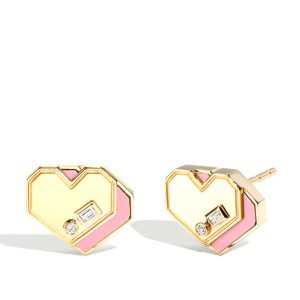 Mini Heart Studs with Pink Opal in 18K Yellow Gold