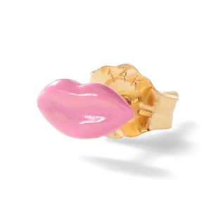 (Single) Mini Lip Stud in 14k Yellow Gold and Classic Pink Enamel
