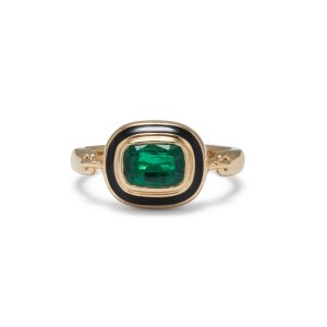 Cushion Cut Emerald One of A Kind Lenox Pinky Ring with Black Enamel in Size 3.5