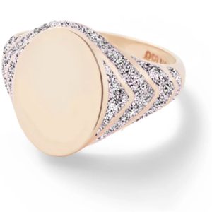 Silver Glitter Enamel Stripe Signet Ring in 14K Yellow Gold-Size 6